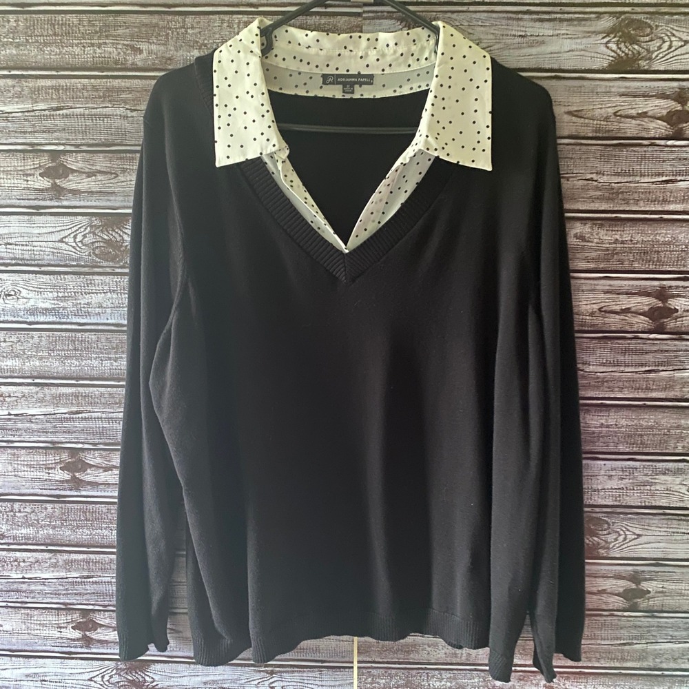 Adrianna Papell Women's Long-Sleeved Sweater Sz 2X Black White Polka-Dot V-Neck
